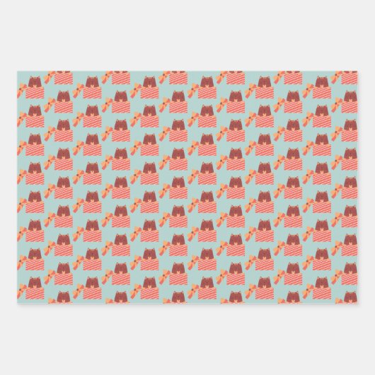 可愛いウッドランド猫の柄 – アクアグリーンクリスマス ラッピングペーパーシート (正面)