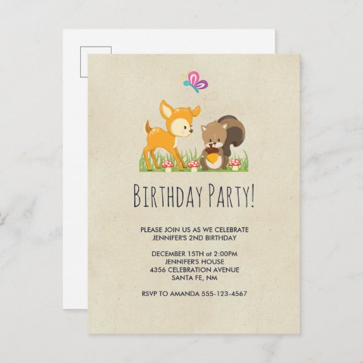 可愛いウッドランド生き物マンガ誕生日パーティー インビテーションポストカード (正面/裏面)