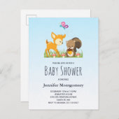 可愛いウッドランド生き物マンガ赤ちゃんシャワー インビテーションポストカード (正面/裏面)