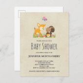 可愛いウッドランド生き物マンガ赤ちゃんシャワー インビテーションポストカード (正面/裏面)