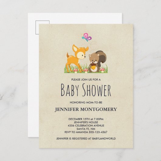 可愛いウッドランド生き物マンガ赤ちゃんシャワー インビテーションポストカード (正面/裏面)