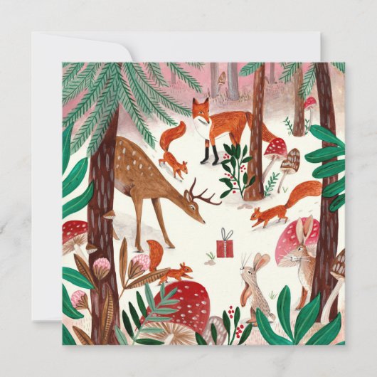 可愛いウッドランド緑とピンクのウッドランド動物林 シーズンカード (正面)