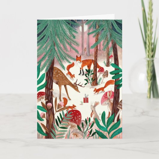 可愛いウッドランド緑とピンクのウッドランド動物林 シーズンカード (正面)