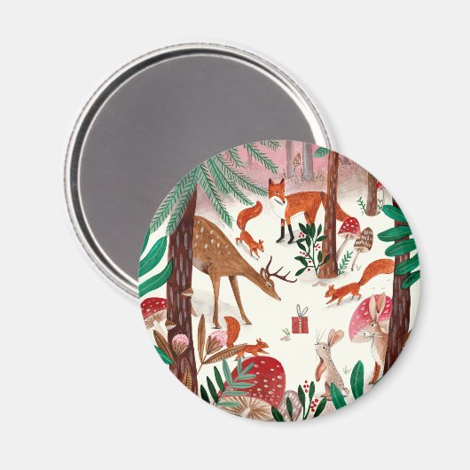可愛いウッドランド緑とピンクのウッドランド動物林 マグネット (正面/裏面)