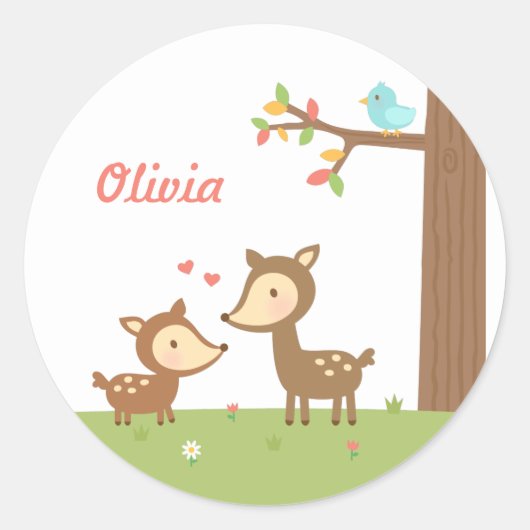 可愛いウッドランド鹿の母親と子供へ子 ラウンドシール (正面)