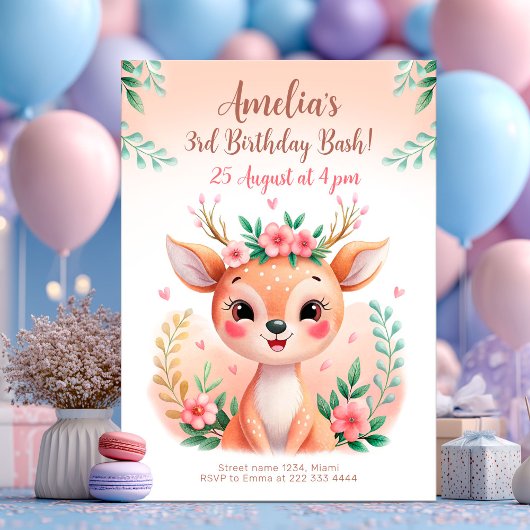 可愛いウッドランド鹿の誕生日カード 招待状