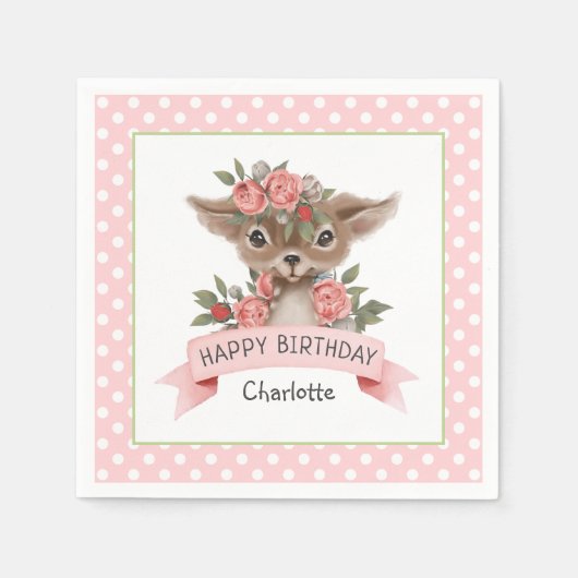 可愛いウッドランド鹿の誕生日パーティーfor Girl スタンダードカクテルナプキン (正面)