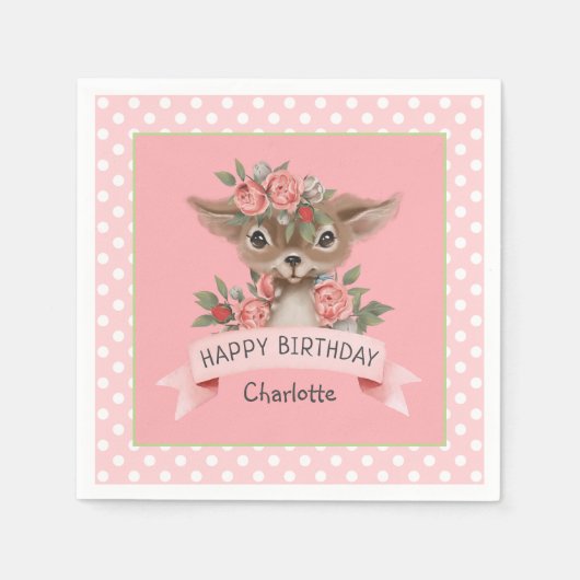 可愛いウッドランド鹿の誕生日パーティーfor Girl スタンダードカクテルナプキン (正面)