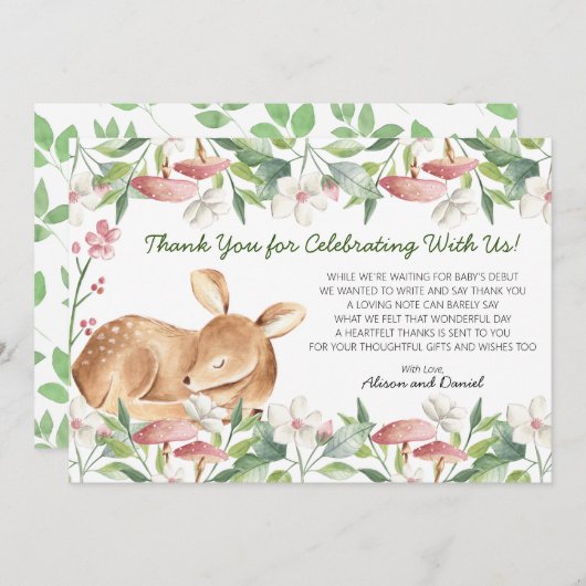 可愛いウッドランド鹿フローラ緑の赤ちゃんシャワー サンキューカード (正面/裏面)