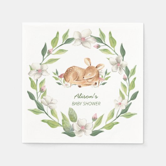 可愛いウッドランド鹿フローラ緑の赤ちゃんシャワー スタンダードカクテルナプキン (正面)