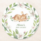 可愛いウッドランド鹿フローラ緑の赤ちゃんシャワー ラウンドペーパーコースター (正面)