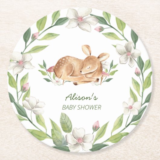 可愛いウッドランド鹿フローラ緑の赤ちゃんシャワー ラウンドペーパーコースター (正面)