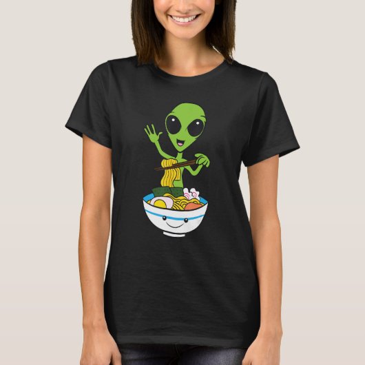 可愛いエイリアン食べのラーメン麺Ufoエイリアン Tシャツ (正面)