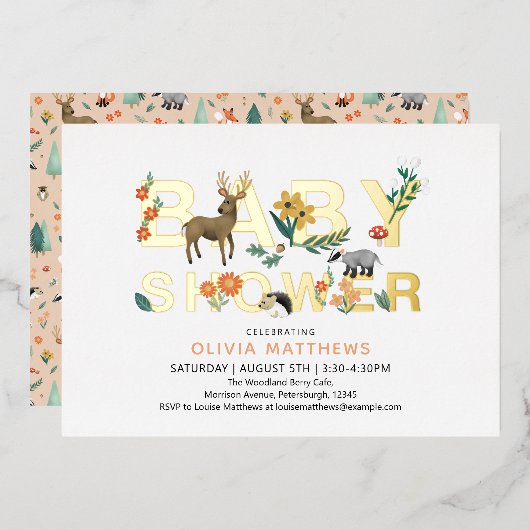 可愛いエレガントウッドランド動物の赤ちゃんシャワー 箔招待状 (正面/裏面)