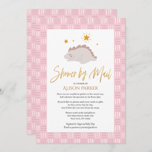 可愛いエレガントピンクの恐竜のシャワーをメールで書く 招待状 (正面/裏面)