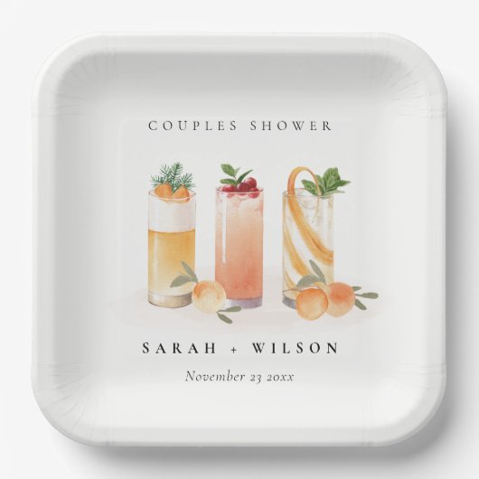 可愛いエレガントフルーツカクテルオレンジカップルシャワー ペーパープレート (正面)