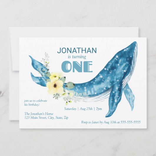 可愛いエレガントブルーホエールイエローフローラ1st誕生日 招待状 (正面)
