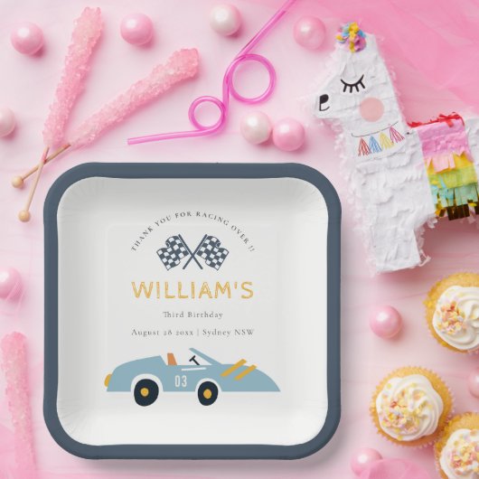 可愛いエレガントブルーレースカーキッズ任意の年齢誕生日 ペーパープレート (パーティー)