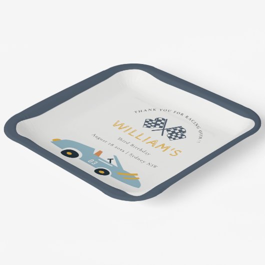 可愛いエレガントブルーレースカーキッズ任意の年齢誕生日 ペーパープレート (傾斜あり)