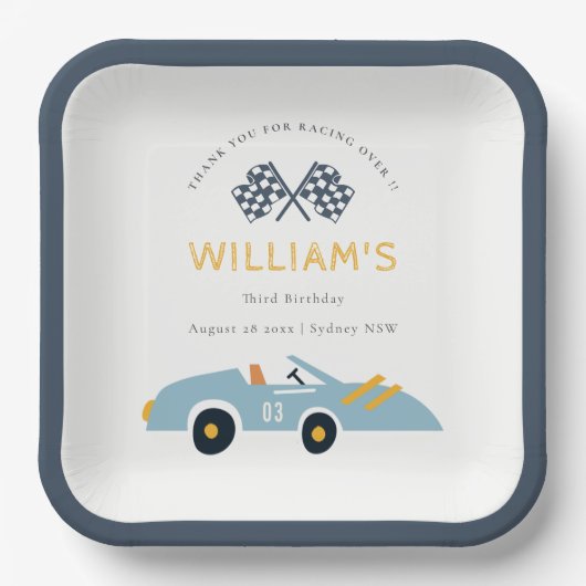 可愛いエレガントブルーレースカーキッズ任意の年齢誕生日 ペーパープレート (正面)