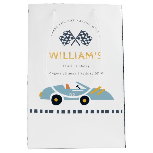 可愛いエレガントブルーレースカーキッズ任意の年齢誕生日 ミディアムペーパーバッグ (正面)