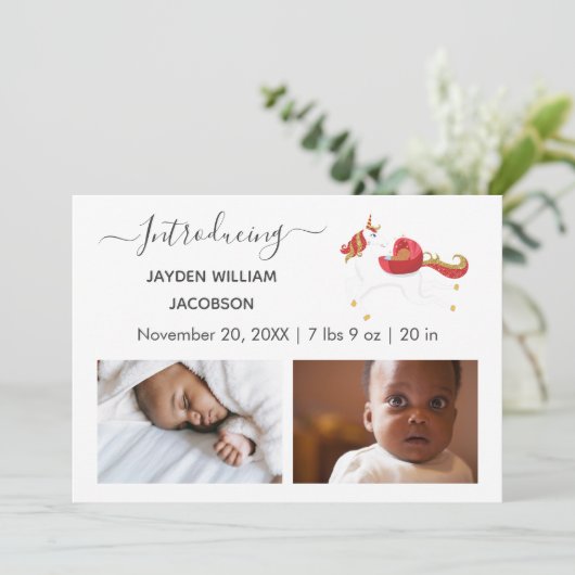 可愛いエレガントベビー写真誕生発表ユニコーン 案内状 (スタンド正面)