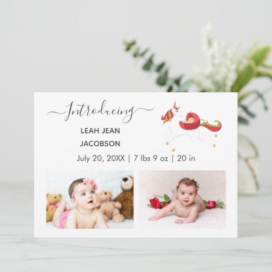 可愛いエレガントベビー写真誕生発表ユニコーン 案内状 (スタンド正面)