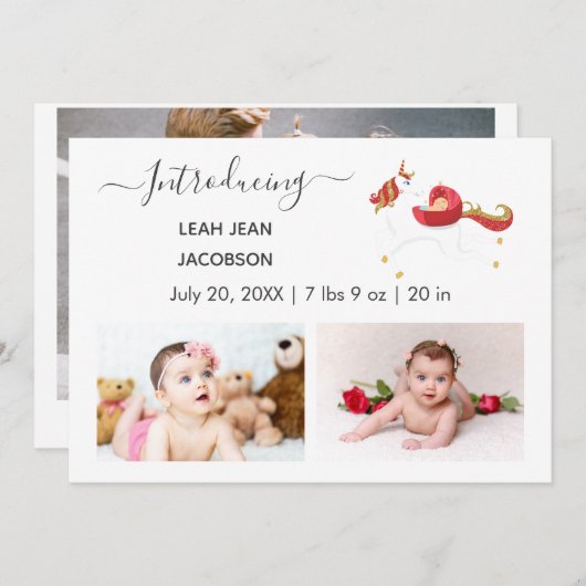 可愛いエレガントベビー写真誕生発表ユニコーン 案内状 (正面/裏面)