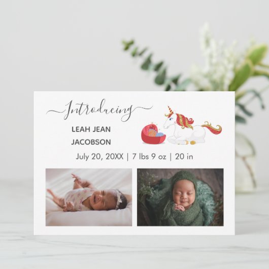 可愛いエレガントベビー写真誕生発表ユニコーン 案内状 (スタンド正面)