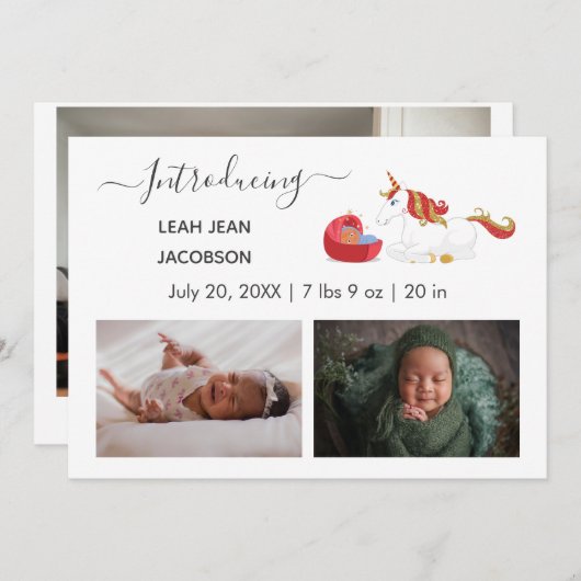 可愛いエレガントベビー写真誕生発表ユニコーン 案内状 (正面/裏面)