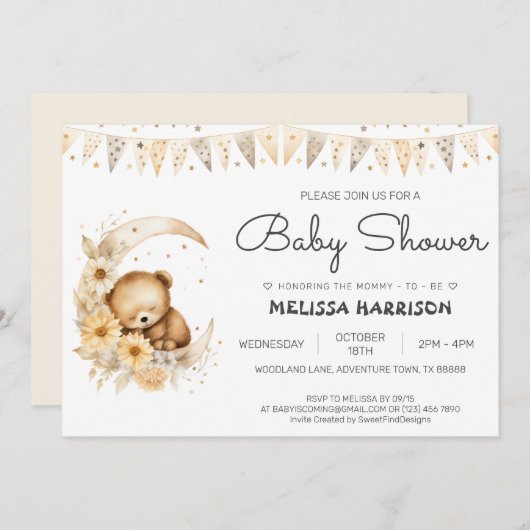 可愛いエレガントボホベア男の赤ちゃんシャワー 招待状 (正面/裏面)