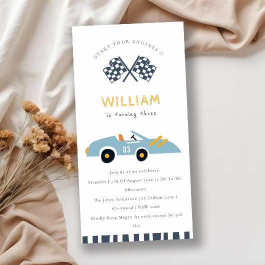 可愛いエレガントレースカーキッズ任意の年齢誕生日招待状 サンキューカード