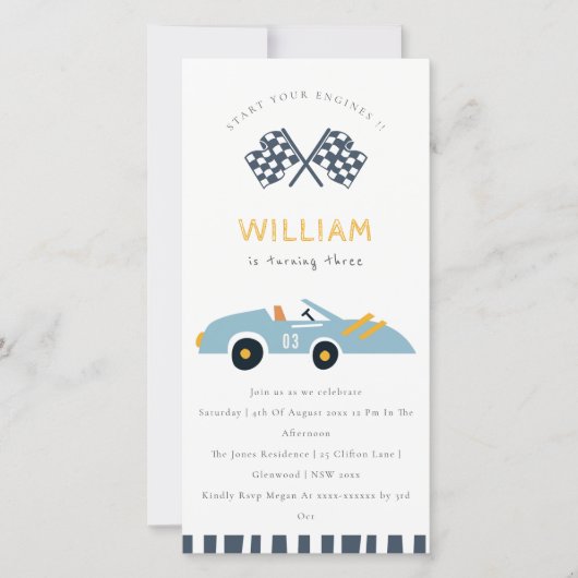 可愛いエレガントレースカーキッズ任意の年齢誕生日招待状 サンキューカード (正面)