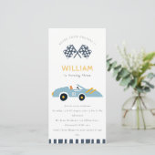 可愛いエレガントレースカーキッズ任意の年齢誕生日招待状 サンキューカード (スタンド正面)