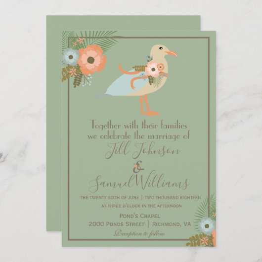 可愛いエレガント緑の結婚鳥 招待状 (正面/裏面)
