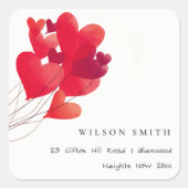 可愛いエレガント赤いハートバルーン水彩アドレス スクエアシール (正面)