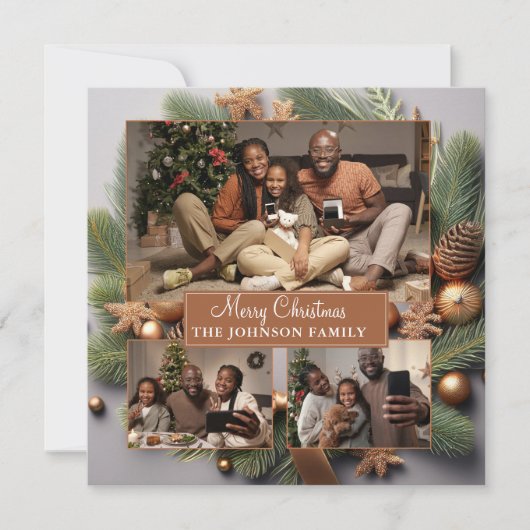 可愛いエレガント3フォトファミリークリスマスエバーグリーン シーズンカード (正面)