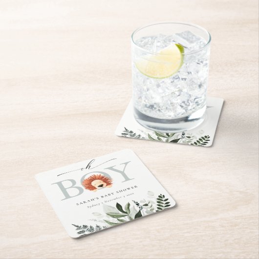 可愛いエレガントBohoライオンの葉Oh男の子の赤ちゃんシャワー スクエアペーパーコースター (インサイチュ)