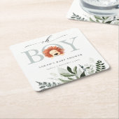 可愛いエレガントBohoライオンの葉Oh男の子の赤ちゃんシャワー スクエアペーパーコースター (アングル)