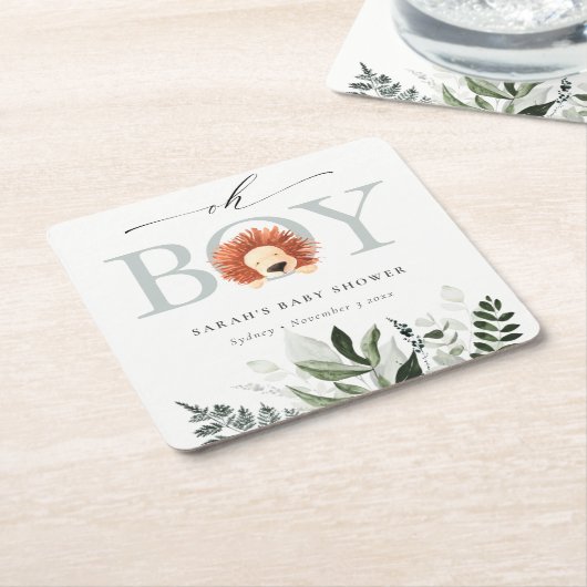 可愛いエレガントBohoライオンの葉Oh男の子の赤ちゃんシャワー スクエアペーパーコースター (アングル)