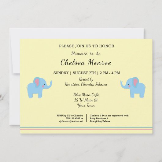 可愛いエレファントピンクとブルーベビーシャワー招待状 招待状 (裏面)