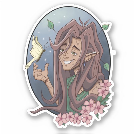 可愛いオス小妖精や小人とクリーム淡い色のバタフライ シール (正面)