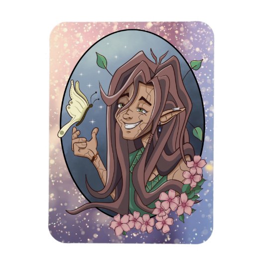 可愛いオス小妖精や小人とクリーム淡い色のバタフライ マグネット (縦)