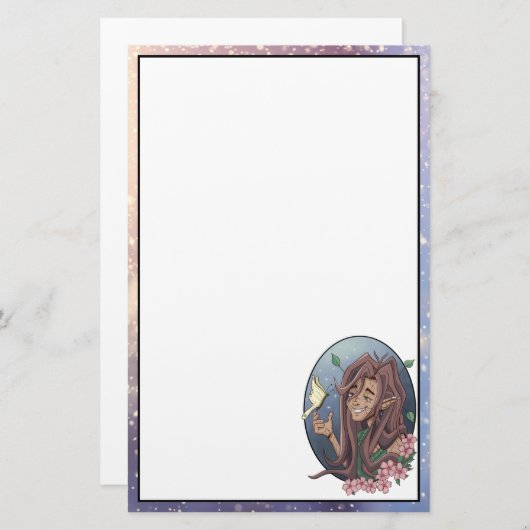 可愛いオス小妖精や小人とクリーム淡い色のバタフライ 便箋 (正面/裏面)