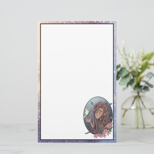 可愛いオス小妖精や小人とクリーム淡い色のバタフライ 便箋 (スタンド正面)