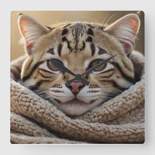 可愛いオセロット猫と毛布 スクエア壁時計 (正面)