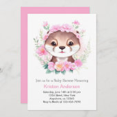 可愛いオッターブリスフルピンクガール赤ちゃんシャワー 招待状 (正面/裏面)