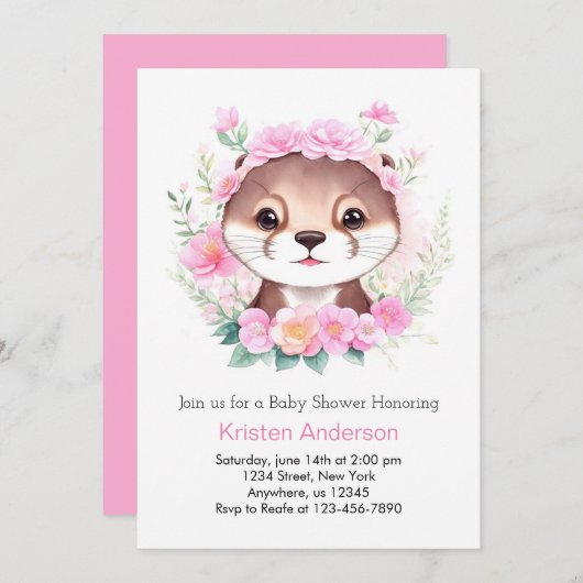 可愛いオッターブリスフルピンクガール赤ちゃんシャワー 招待状 (正面/裏面)