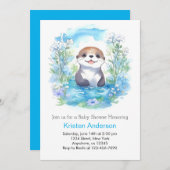 可愛いオッターブルーフローラボーイベビーシャワー 招待状 (正面/裏面)