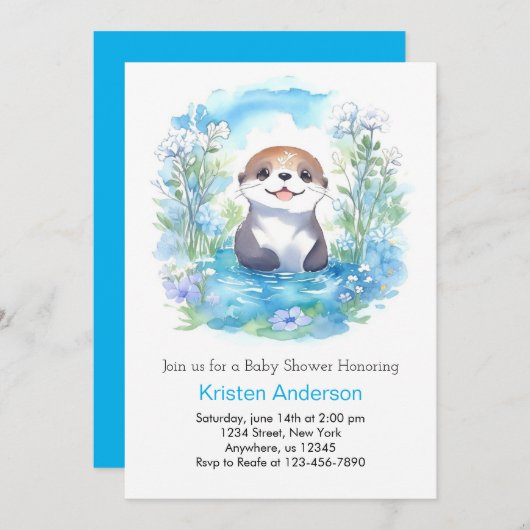 可愛いオッターブルーフローラボーイベビーシャワー 招待状 (正面/裏面)